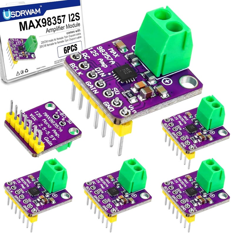 Usdrwam 6Pcs MAX98357 I2S 3W Class D Amplifier Breakout Board, MAX98357A Interface I2S DAC Decoder Module Filterless Audio Decoder for Raspberry Pi, for ESP32, for Arduino Zero - Image 1